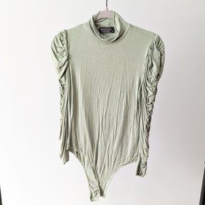 Green BodySuit with ruffle sleeves -Turtleneck - SIze M
